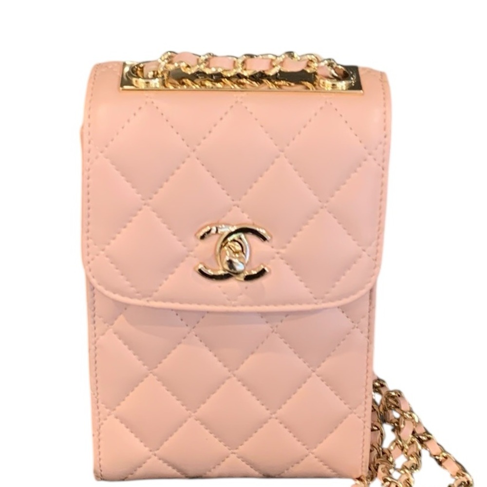 🆕 Chanel Style Peach Leather Pearl Crush Chain Phone Holder Bag 🆕 - Picture 3 of 14